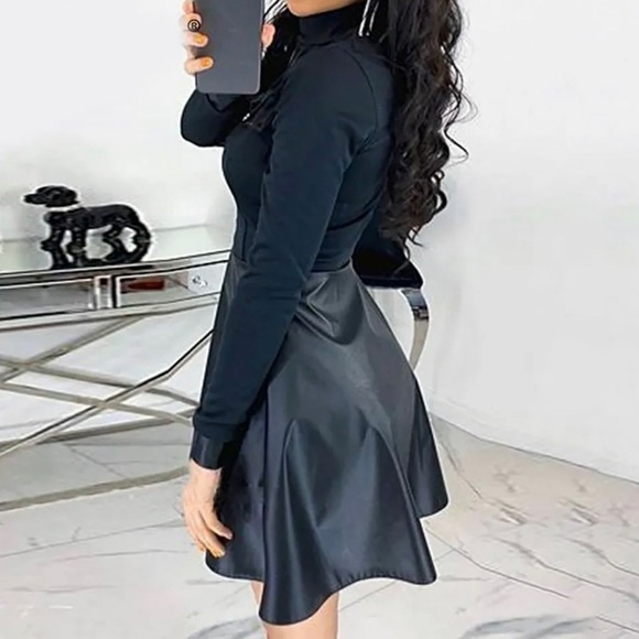 [ CBR ] Black Longsleeve Fit & Flare w/Faux Leather Skirt : M - Picture 3 of 14